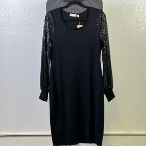 Hailey Lyn Black Knit Knee Length Dress with See Through Sequin Sleeves Size L